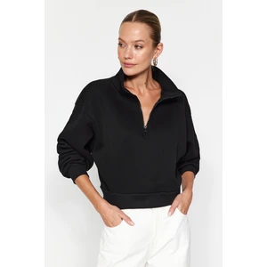 Trendyol Black Relaxed-Cut Crop Basic Zipper Stand-Up Collar Thick Fleece Inner Knitted Sweatshirt