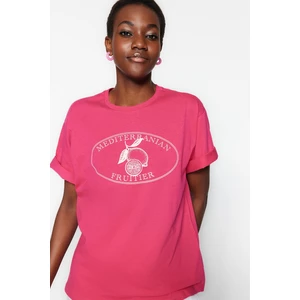 Trendyol Pink 100% Cotton Lemon Printed Boyfriend Fit Crew Neck Knitted T-Shirt