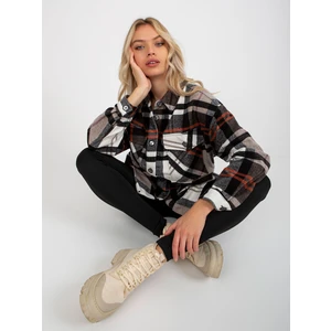 Beige-black plaid T-shirt with pockets