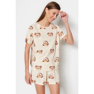 Trendyol Ecru 100% Cotton Teddy Bear Printed T-shirt-Shorts and Knitted Pajamas Set.