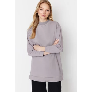 Trendyol Gray Stand Up Collar Slit Detailed Basic Knitted Sweatshirt