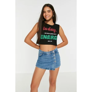 Trendyol Black Slogan Printed Crop Knitted Singlet