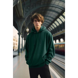 Trendyol Green Men's Oversize Basic Crew Neck Long Sleeve Hooded Sweatshirt with Soft Pillows.