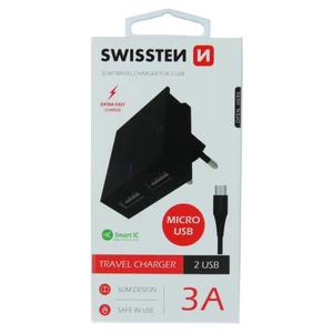 Gyorstöltés Swissten Smart IC 3.A 2 USB konektorral + Adatkábel USB / Micro USB 1,2 m, fekete
