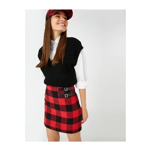 Koton Checkered Mini Skirt With Double Buckle Detail Zipper.