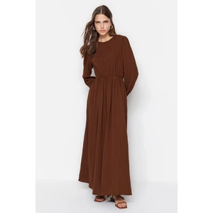 Trendyol Brown Elastic Waist Gippe Detailed Woven Dress