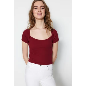 Trendyol Claret Red Fitted Square Neck Crop Corduroy Stretch Knitted Blouse