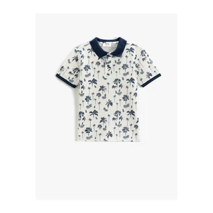 Koton Palm Print Polo Collar T-Shirt with Short Sleeves and Button Detailed.