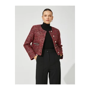 Koton Crop Tweed Jacket with Buttons, Round Neck with Pockets