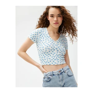 Koton Crop T-Shirt Printed Short Sleeve V-Neck Cotton