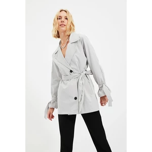 Trendyol Light Gray Wide-Cut Oversized Trench Coat with Tie Details