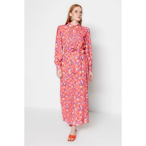 Trendyol Pomegranate Flower Patterned Woven Dress with Belted Rib Detail