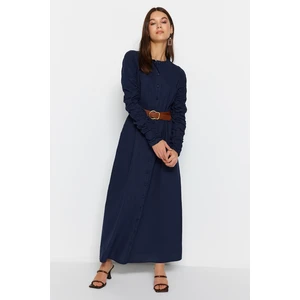 Trendyol Navy Blue Linen-Mixed Woven Shirt Dress with Shirring Pocket Detail with Belt