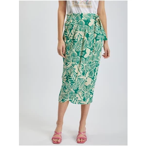 Orsay Cream-Green Ladies Patterned Wrap Midi Skirt with Linen - Women