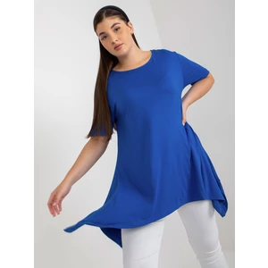 Tmavě modrá jednobarevná halenka plus size s krátkým rukávem