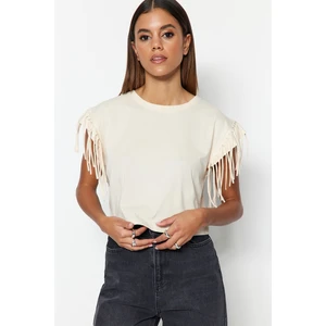 Trendyol Stone 100% Cotton Tassel Detailed Crop Crew Neck Knitted T-shirt