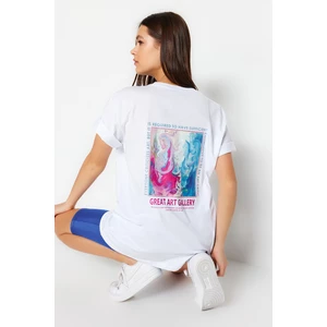 Trendyol White Printed on the Front and Back for Boyfriend/Wide Fit Knitted T-Shirt