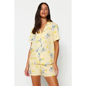 Trendyol Yellow Rabbit Printed Shirt-Shorts Woven Pajamas Set