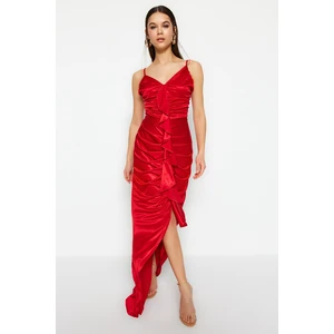 Trendyol Red Knitted Satin Flounce Long Evening Evening Dress