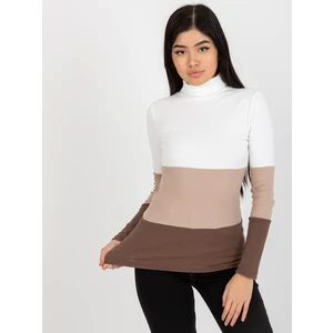 Ecru-brown basic ribbed turtleneck blouse