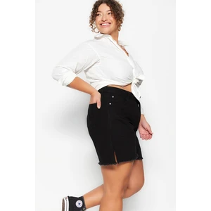 Trendyol Curve Black High Waist Legs with Tassels Tasseled Wide Leg Denim Shorts&Bermuda