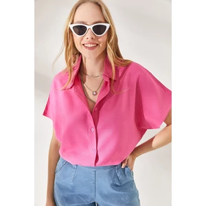 Olalook Women's Pink Bat Oversized Linen Shirt