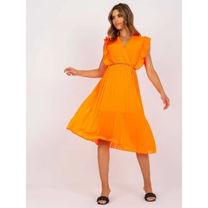 Fluo orange airy midi dress with pleating
