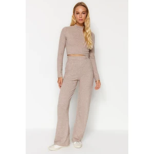 Trendyol Beige Stand-Up Collar, Soft Crop and Wide Leg/Wide Leg Knitted Top and Bottom Set