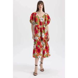 DEFACTO V-Neck Floral Poplin Raglan Sleeve Midi Short Sleeve Dress