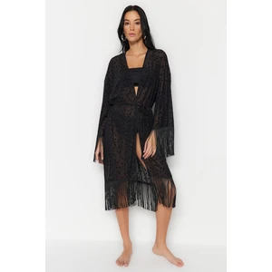 Trendyol Black Belted Maxi Knitted Fringe Kimono & Caftan