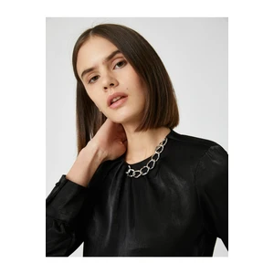 Koton Women's Black Satin Crew Neck Chain Detailed Blouse