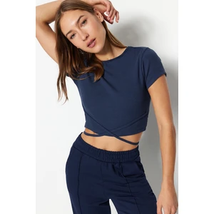 Trendyol Indigo Tie Detailed Corduroy Knitted Blouse