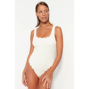 Trendyol Ecru Square Collar Laser Cut, Textured Regular Leg Swimsuit