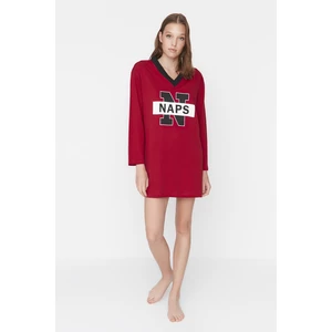 Trendyol Claret Red Slogan Printed Knitted Nightgown