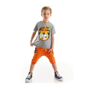 Denokids Yo Tiger Boys Gray T-shirt Orange Capri Shorts Set