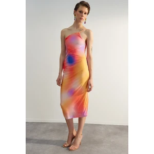 Trendyol Multicolored Printed Fitted Midi One-Shoulder Stretch Knit Dress