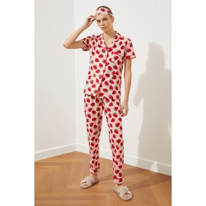 Trendyol Pink Piping Detail Strawberry Pattern Knitted Shirt-Pants Pajama Set