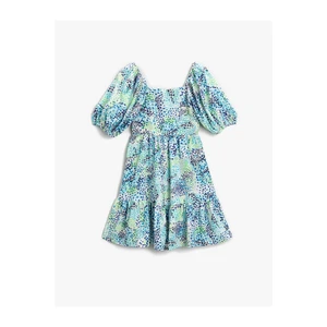 Koton Patterned Midi Dress with Balloon Sleeves and Ruffles