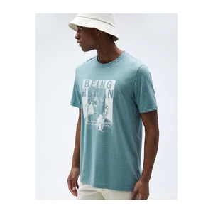 Koton Printed T-Shirt with Slogan Detail, Slim Fit Crew Neck Cotton.