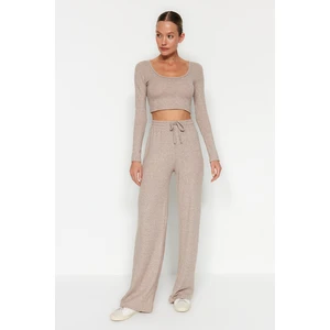 Trendyol Beige Soft Crop and Wide Leg / Wide Leg Knitted Top and Bottom Set