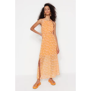 Trendyol Orange A-Line Maxi Floral Print Dress with a Lined Slit