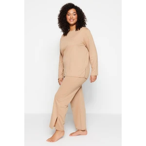 Trendyol Curve Beige Knitted Pajamas Set with Slits