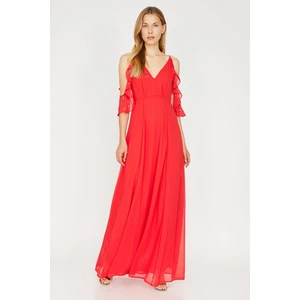 Koton Women Red V Neck Sleeve Detailed Ruffle Detailed Maxi Dress