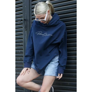 Madmext Navy Blue Women's Embroidered Hoodie Sweatshirt