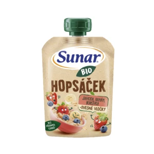 SUNAR BIO ovocná kapsička Hopsáček jahoda, banán, čučoriedka a ovsené vločky 100 g