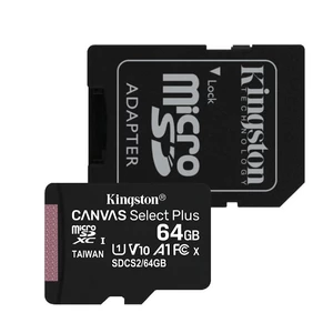 Kingston Canvas SeIect Plus Micro SDXC 64GB + SD adaptér, UHS-I A1, Class 10 - rýchlosť 100 MB/s (SDCS2/64GB)
