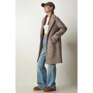Happiness İstanbul Women's Brown Double Breasted Collar Pocket Boucle Coat
