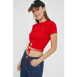 Tommy Jeans Red Women Ribbed Cropped T-Shirt with Tie at Waist Tom - Women