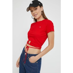 Tommy Jeans Červené dámské žebrované cropped tričko se zavazováním v pase Tom - Dámské