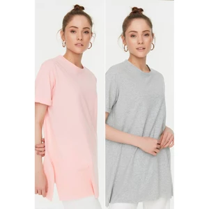 Trendyol Gray-Pink 2-Pack Slit Detailed Crew Neck Short Sleeve Basic Knitted T-Shirt